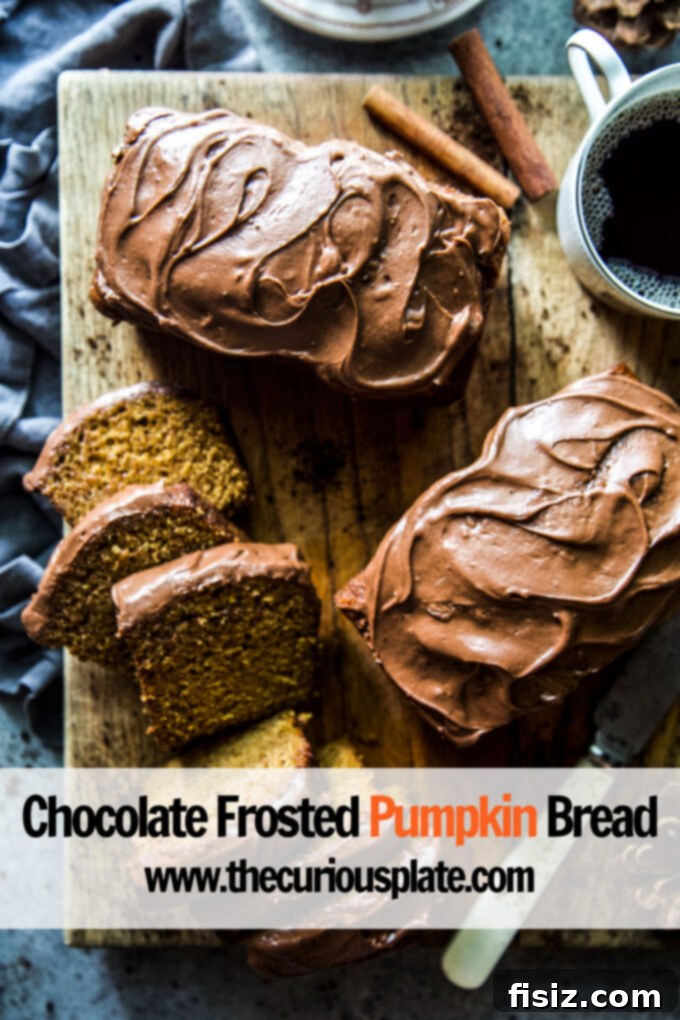 Decadent Chocolate Pumpkin Loaf 7 Beautifully frosted Chocolate Frosted Pumpkin Bread ready for serving, from The Curious Plate.
