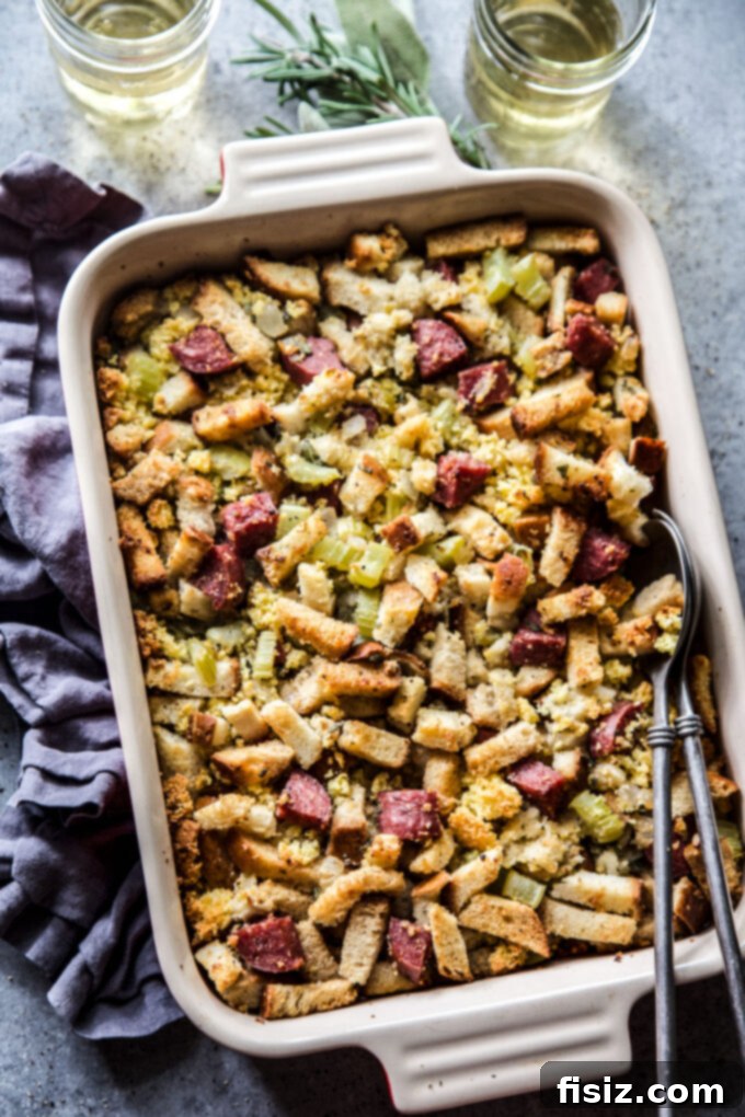 Savory Salami Cornbread Stuffing 3 Close-up of Easy Cornbread Stuffing with Salami for holiday dinner