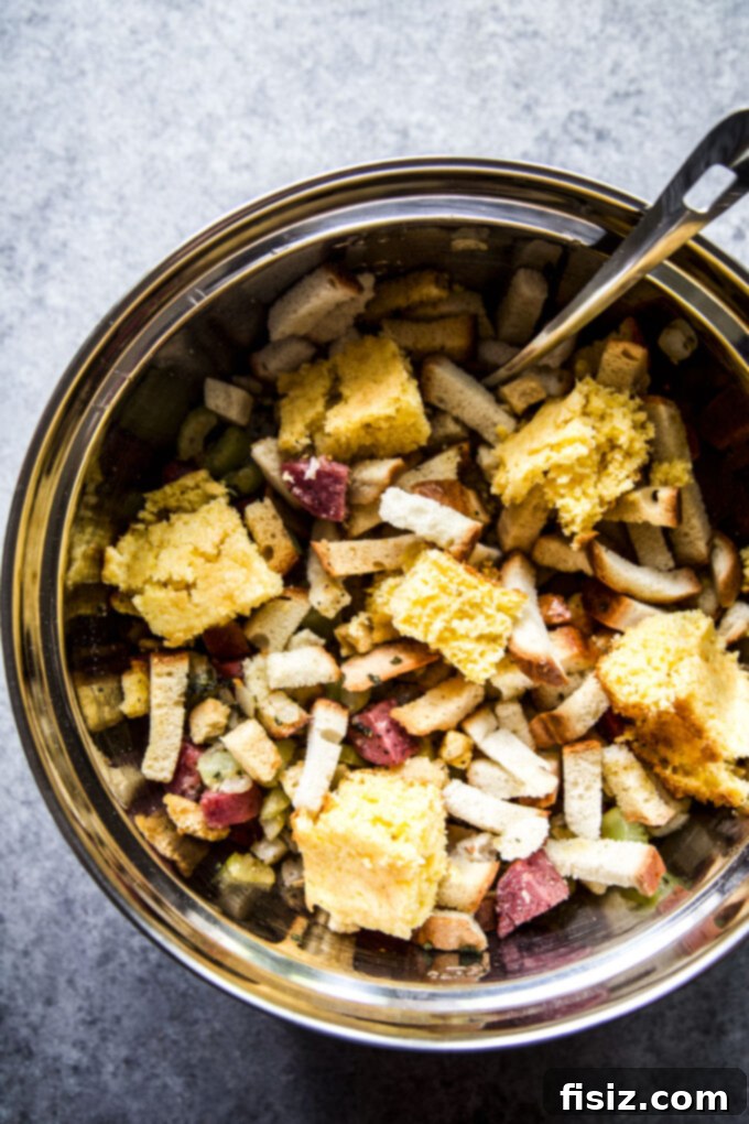Savory Salami Cornbread Stuffing 5 Close-up of Easy Cornbread Stuffing with Salami, a festive holiday dish