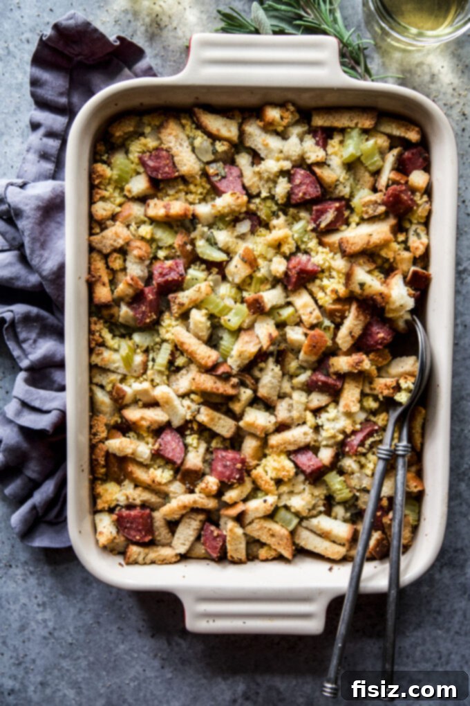 Savory Salami Cornbread Stuffing 6 Easy Cornbread Stuffing with Salami served in a festive dish
