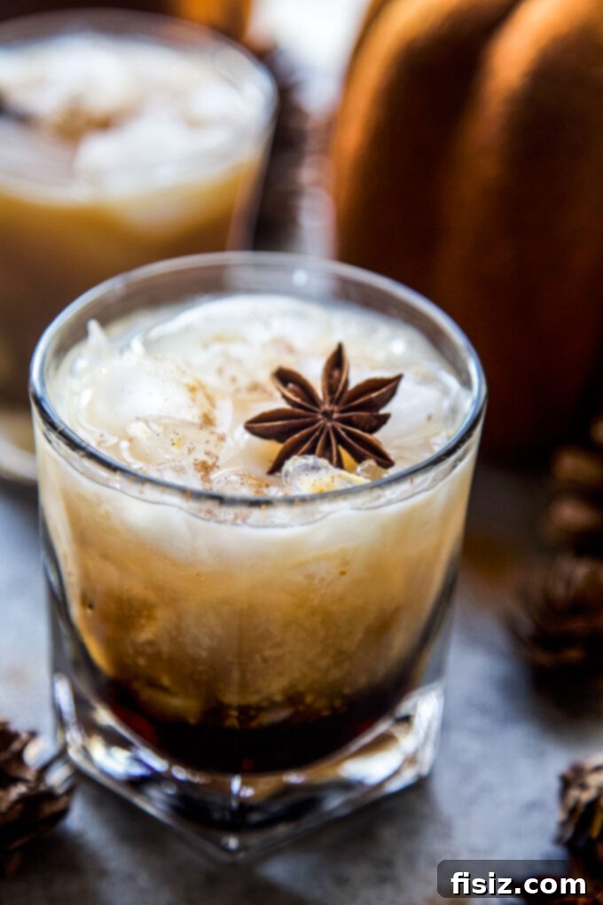 Velvet Pumpkin Russian 5 Closeup of a Pumpkin White Russian cocktail with a cinnamon stick garnish.