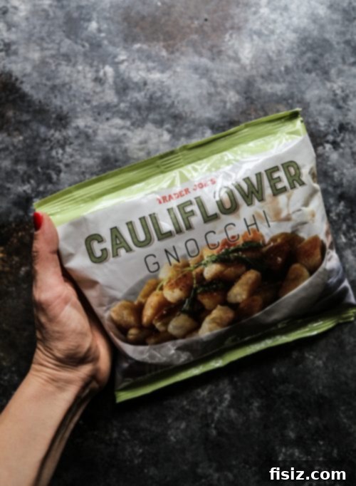 Golden Cauliflower Gnocchi with Creamy Cacio e Pepe and Perfectly Crispy Prosciutto 4 trader joes cauliflower gnocchi in a bag