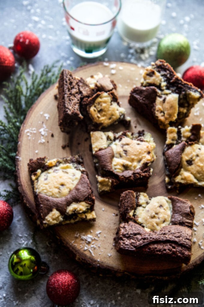 Close-up of freshly baked Double Chocolate Peppermint Brookies, ready to be sliced