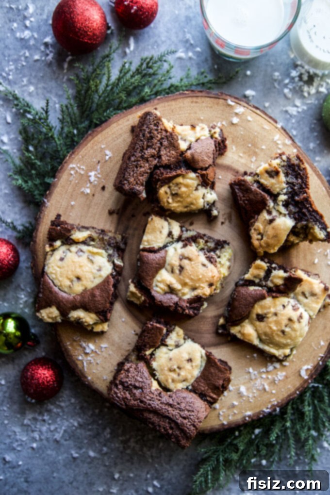 Stacked slices of Double Chocolate Peppermint Brookies, showing the distinct layers