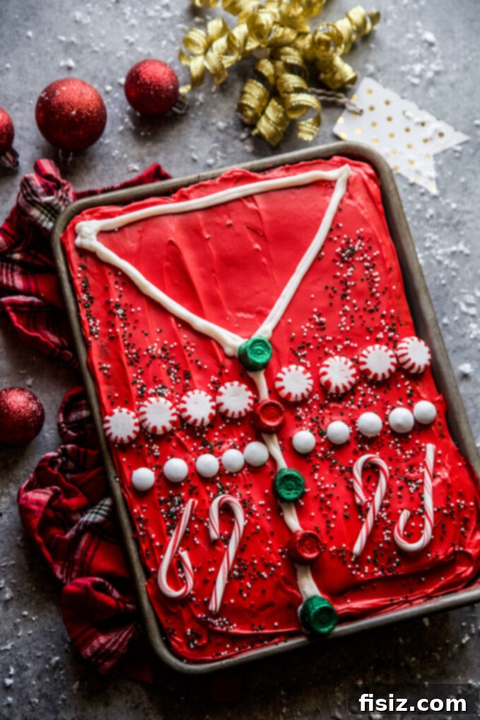 Ugly Sweater Chocolate Cake Extravaganza 7 The Ultimate Ugly Sweater Chocolate Cake, fully decorated and ready to be served on a festive table.