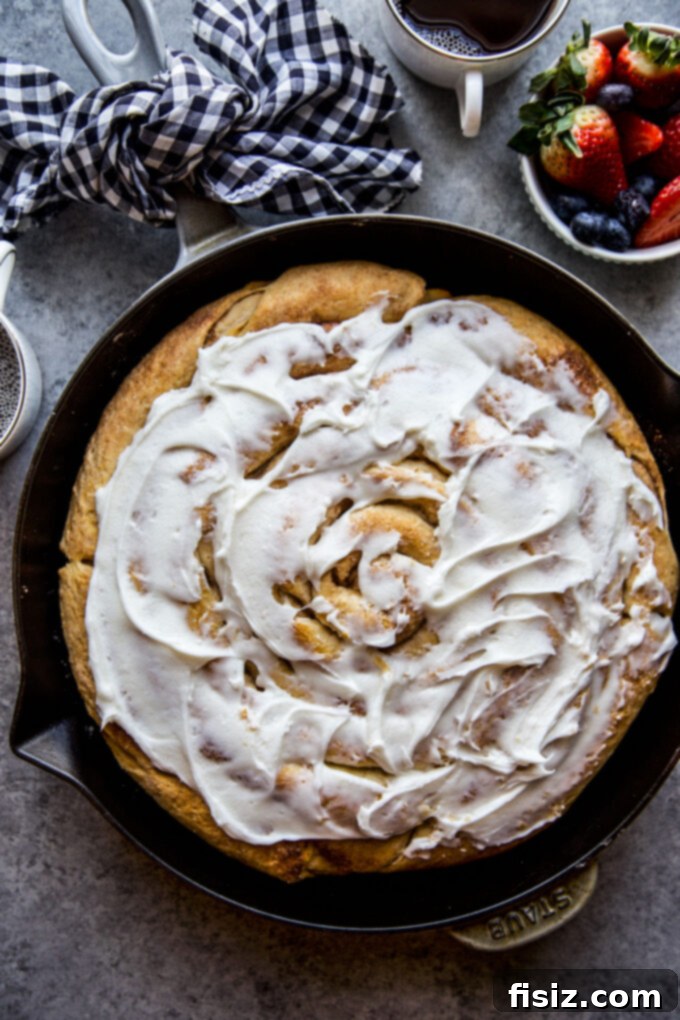 Giant Skillet Cinnamon Roll 3 Close-up of Giant Skillet Cinnamon Roll ready to be frosted