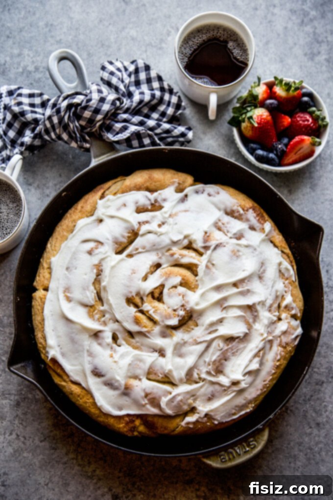 Giant Skillet Cinnamon Roll 9 Giant Skillet Cinnamon Roll with generous vanilla frosting