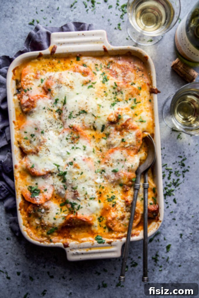 Simple Sweet Potato Lasagna with Creamy Burrata 11 Side view of Easy Sweet Potato Lasagna with Burrata serving