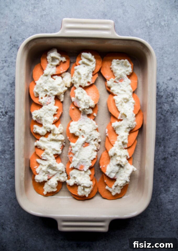 Simple Sweet Potato Lasagna with Creamy Burrata 8 Lasagna layer with ricotta cheese mixture