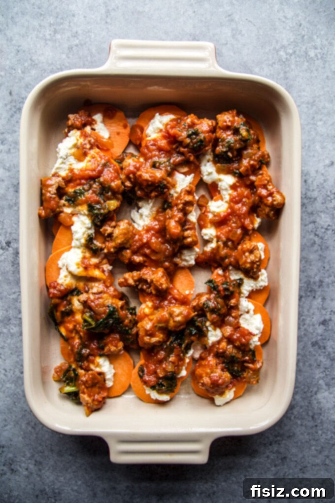 Simple Sweet Potato Lasagna with Creamy Burrata 9 Lasagna layer with sausage and marinara