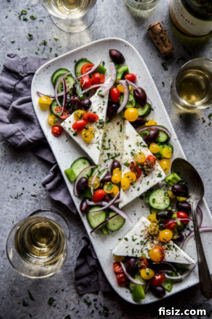 Fresh 15-Minute Greek Feta Salad 6 A colorful spread of Greek-inspired appetizers and dishes including the Feta Salad