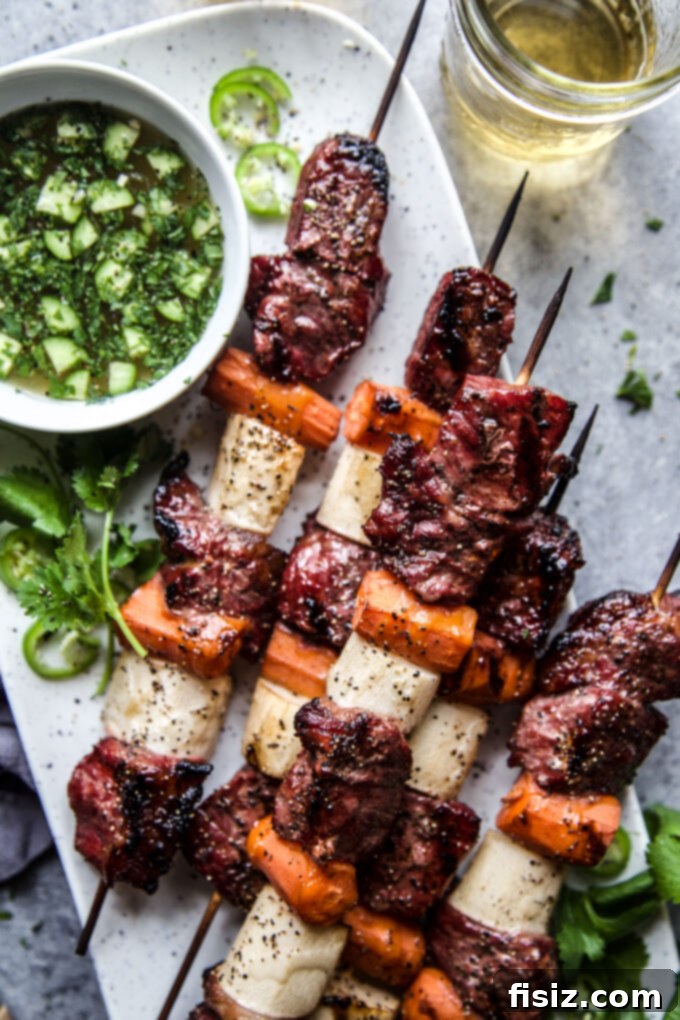Banh Mi Flavored Beef Skewers 2 Flavorful Banh Mi Beef Kebabs with Certified Angus Beef on the grill, a perfect summer meal