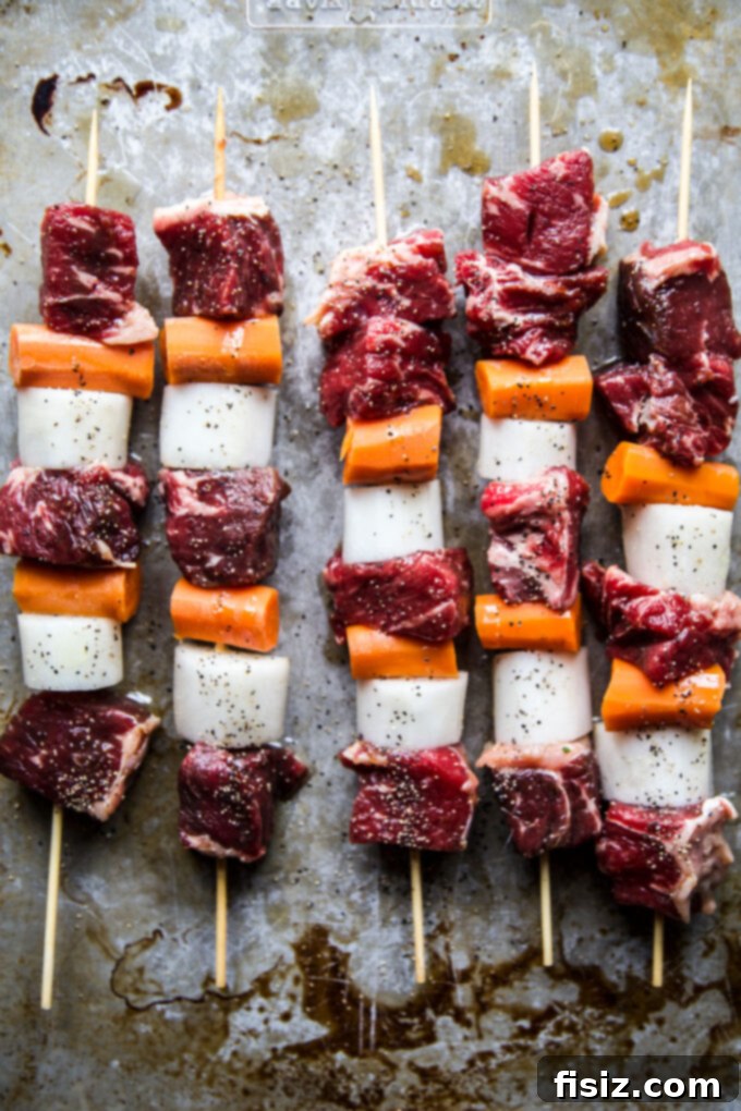 Banh Mi Flavored Beef Skewers 6 Close-up of marinated beef and vegetables for Banh Mi Kebabs, ready for skewering