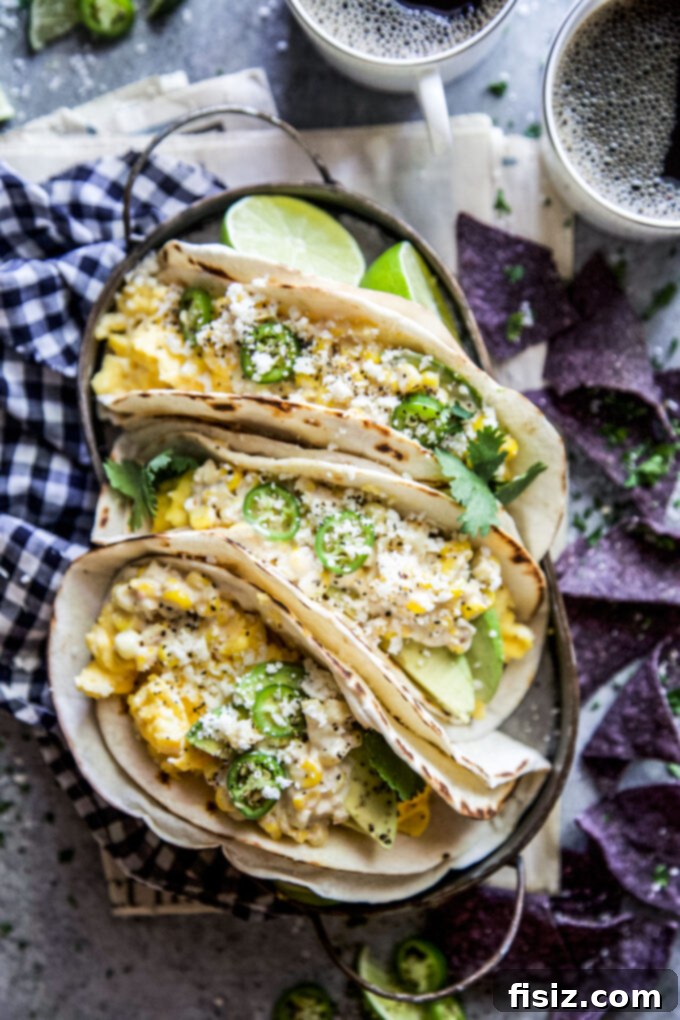 Elote Breakfast Tacos 6 Beautifully plated Elote-Style Breakfast Tacos, ready to be enjoyed