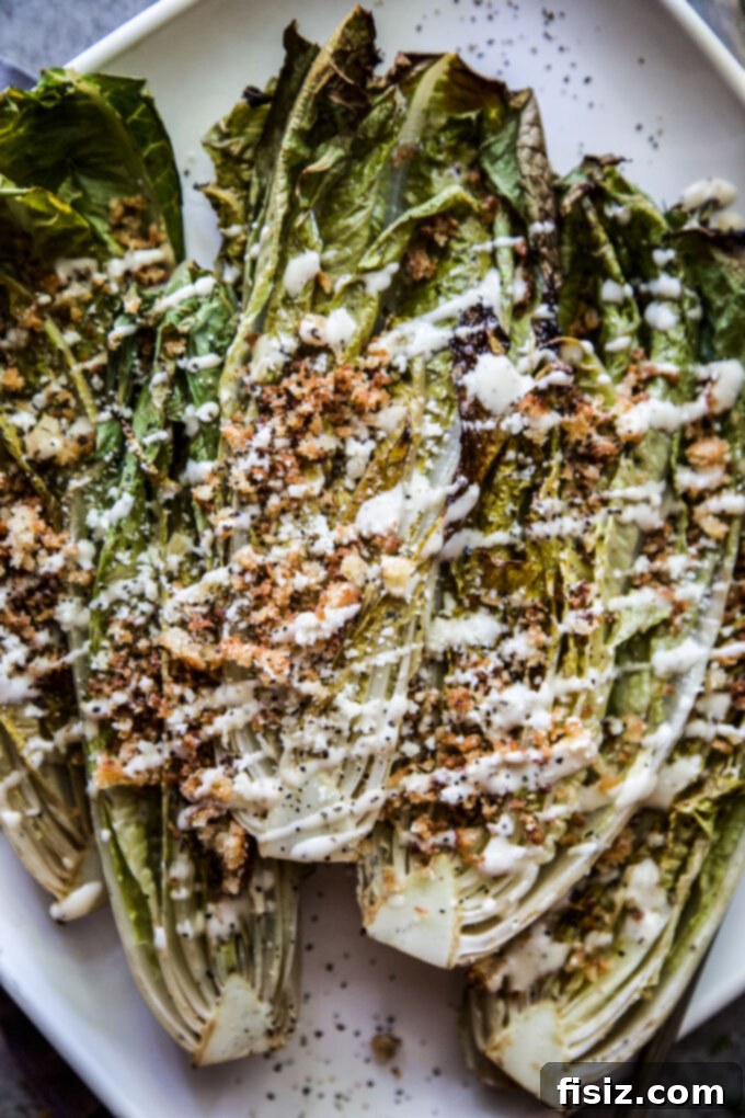 Charred Romaine with Golden Garlic Crumbs 3 Two halves of Grilled Romaine Salad drizzled with dressing and topped with toasted breadcrumbs.