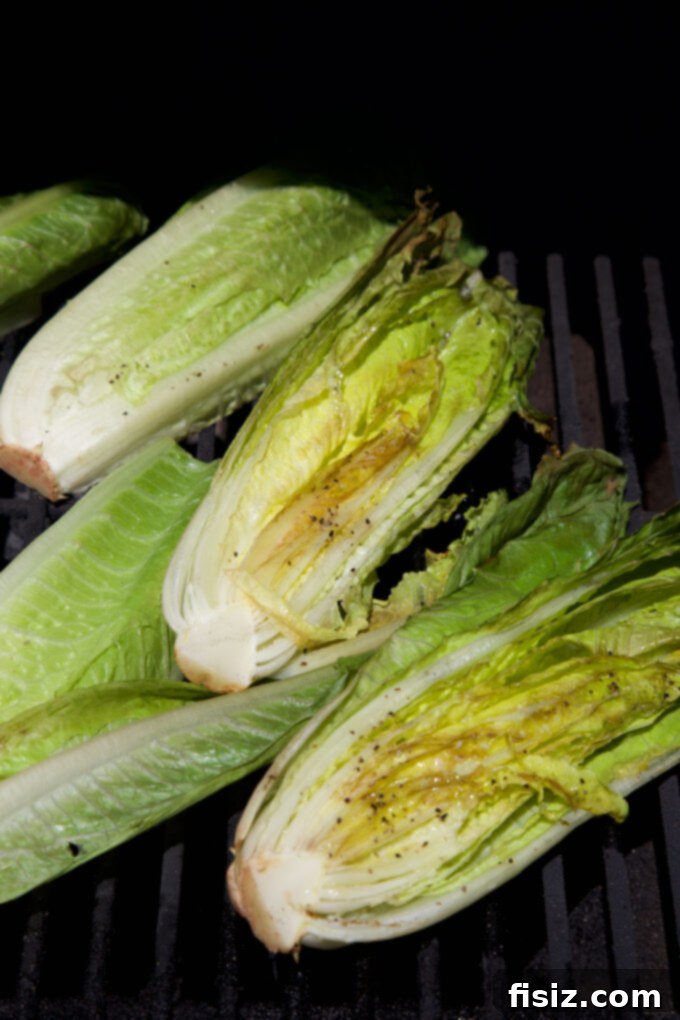 Charred Romaine with Golden Garlic Crumbs 8 A platter of Grilled Romaine Salad with Toasted Breadcrumbs, garnished with dressing.