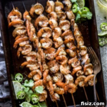 Grilled Chile Lime Shrimp Skewers, a close-up of the delicious dish.