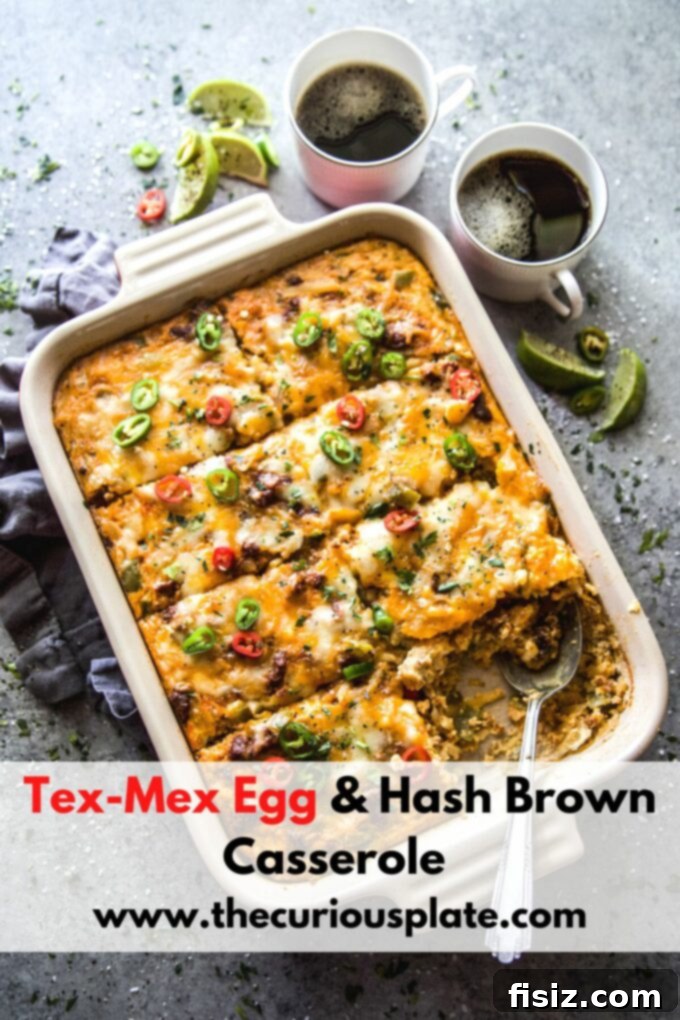 Hearty Tex Mex Morning Bake 11 Full Tex-Mex Egg & Hash Brown Casserole on a table