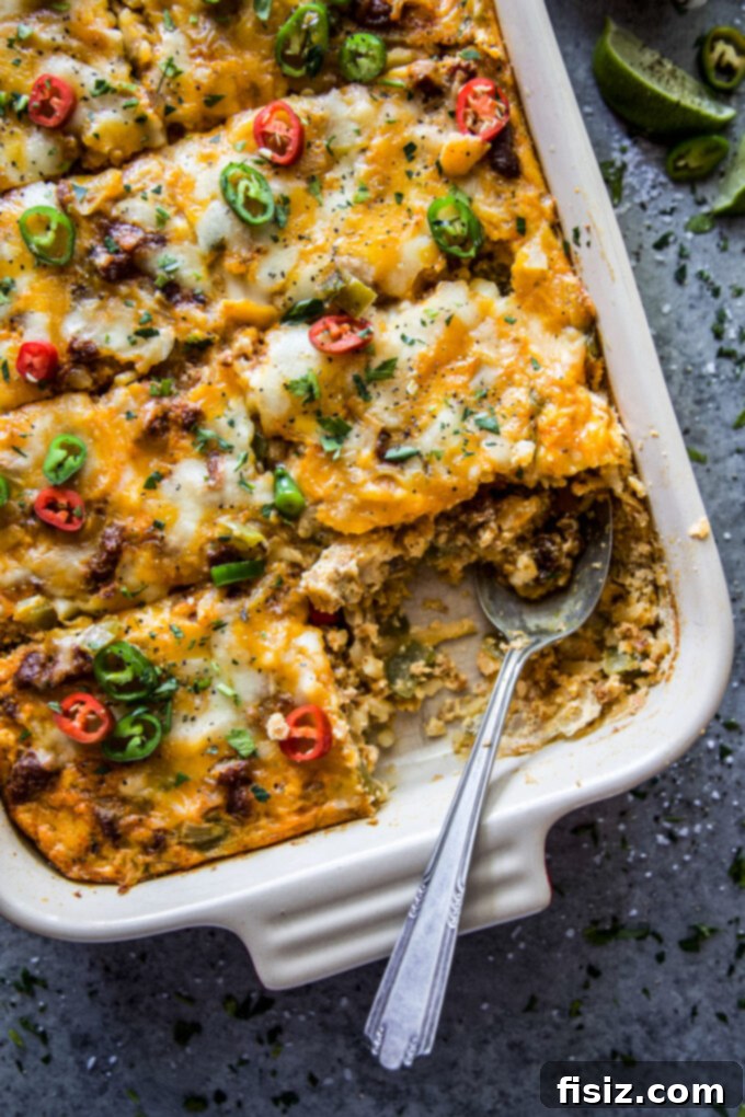 Hearty Tex Mex Morning Bake 3 Close-up of baked Tex-Mex Egg & Hash Brown Casserole