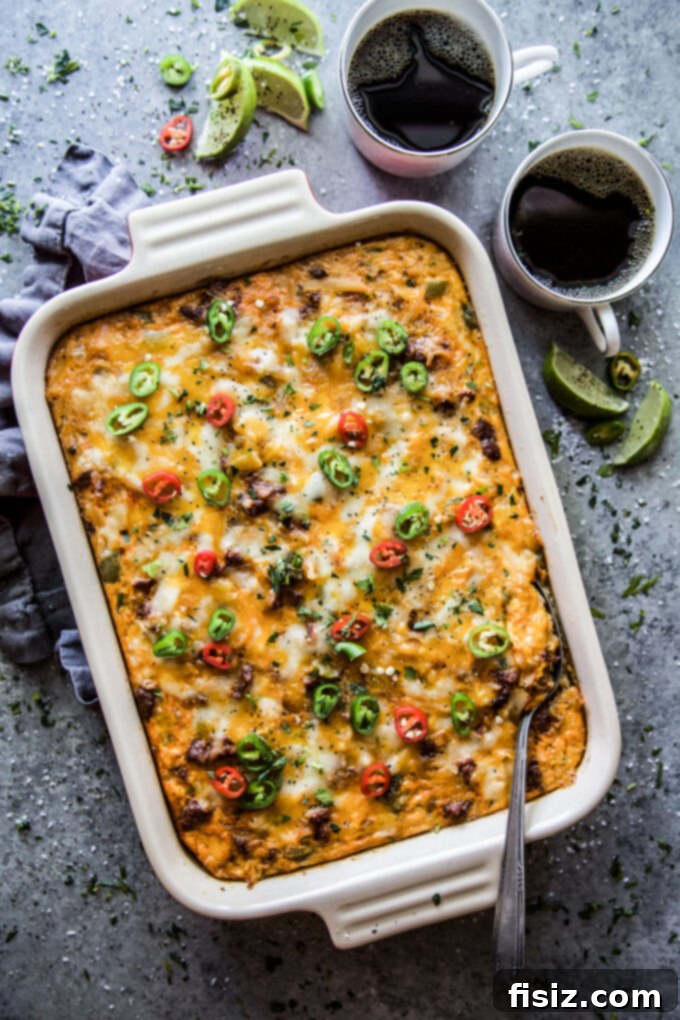 Hearty Tex Mex Morning Bake 9 Slice of Tex-Mex Egg & Hash Brown Casserole ready to serve