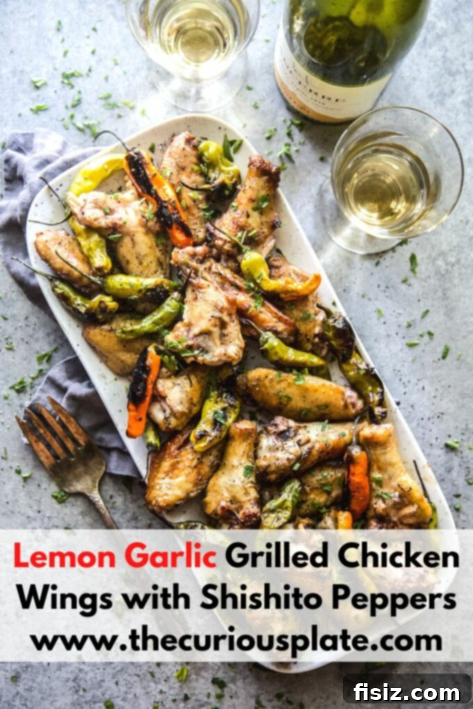 Tangy Lemon-Garlic Wings & Charred Shishitos 10 Lemon Garlic Grilled Chicken Wings with Shishito Peppers artfully arranged for serving