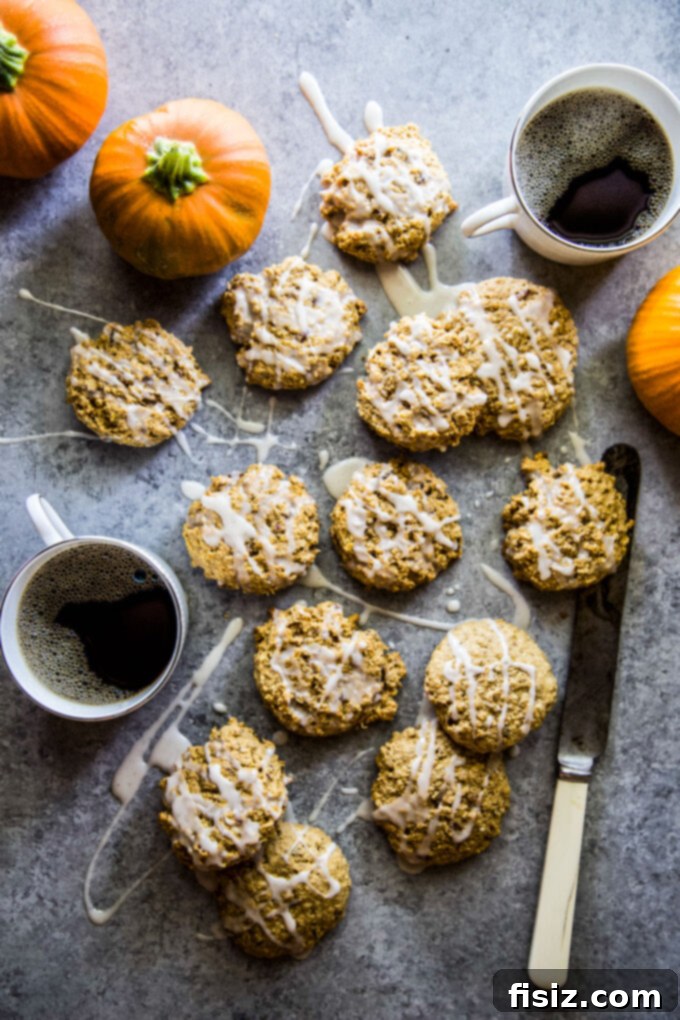 Warm Maple Drizzled Pumpkin Oat Cookies 9 Finished Pumpkin Oatmeal Cookies with Maple Glaze, beautifully arranged
