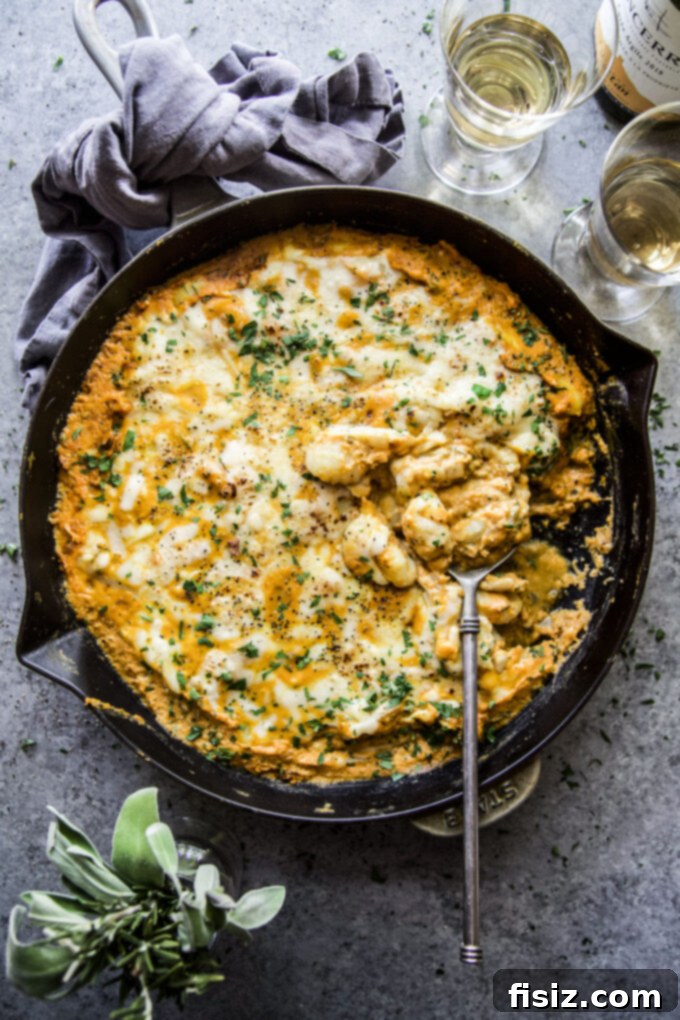 Cozy Pumpkin Gnocchi Skillet Bake 7 Finished One-Skillet Pumpkin Gnocchi Bake with herbs and bacon