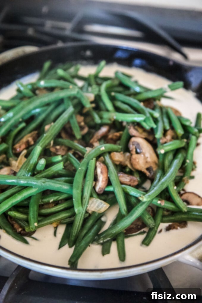 One-Pan Green Bean Casserole 8 sautéed green beans and mushrooms coated in a creamy sauce