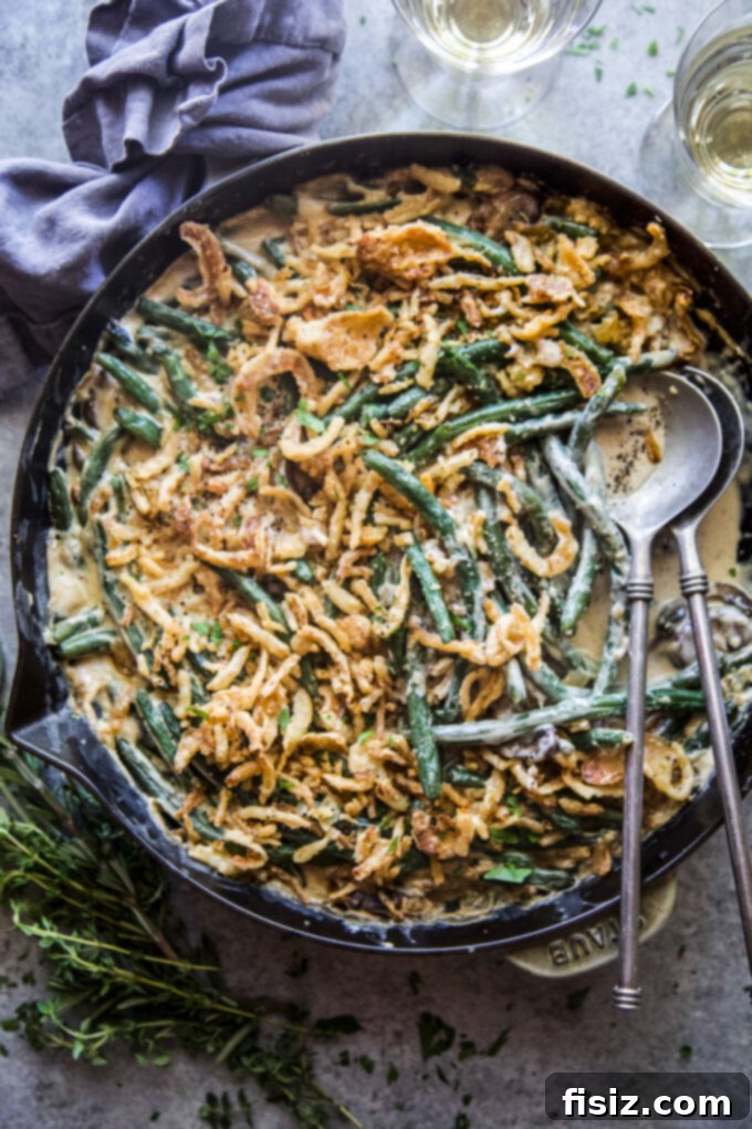 One-Pan Green Bean Casserole 9 homemade green bean skillet casserole, hot from the oven with crispy topping