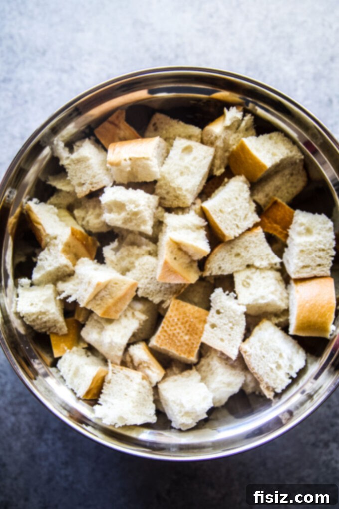 Grandma's Secret Stuffing 5 Bowl of perfectly dried bread cubes for stuffing