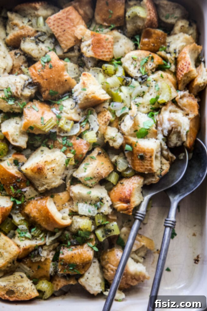 Grandma's Secret Stuffing 9 Golden brown classic homemade stuffing in a baking dish