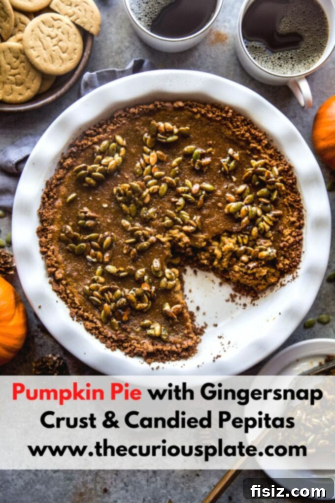 Gingersnap-Crusted Pumpkin Pie with Candied Pepitas 13 Beautifully baked Pumpkin Pie with Gingersnap Crust and Candied Pepitas, ready to be served.