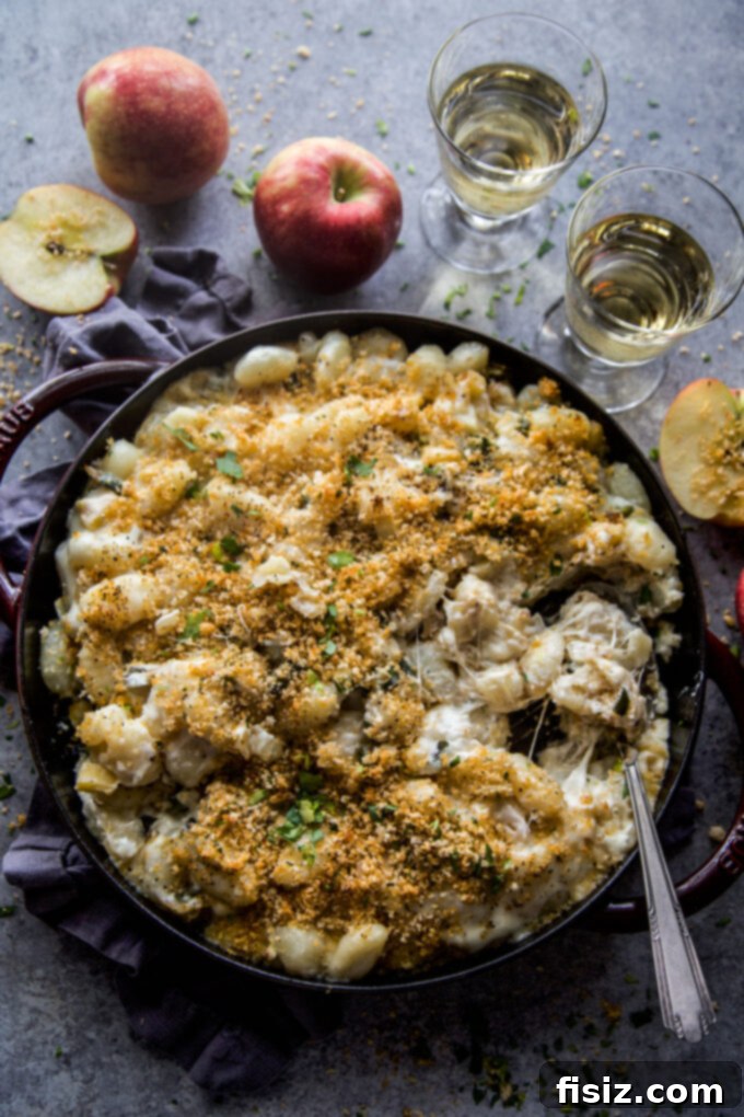 Smoky Cheddar Apple and Poblano Gnocchi Bake 7 The finished Apple & Poblano Gnocchi Bake with Smoked Cheddar Cheese, fresh out of the oven, golden and bubbly.