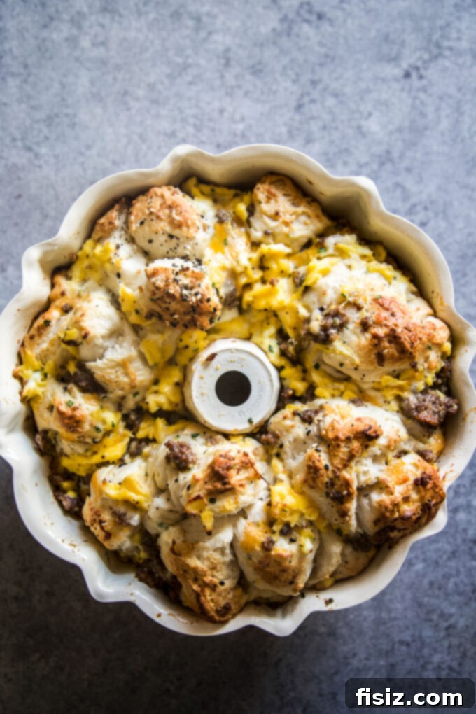 Hearty Morning Savory Monkey Bread 8 Savory Breakfast Monkey Bread in a Bundt pan, ready for baking