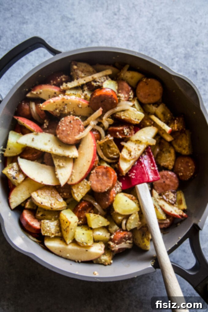 Sausage and Apple Hash with Zesty Whole Grain Mustard 7 sausage, apples, potatoes, onions, whole grain mustard mixed together in a skillet
