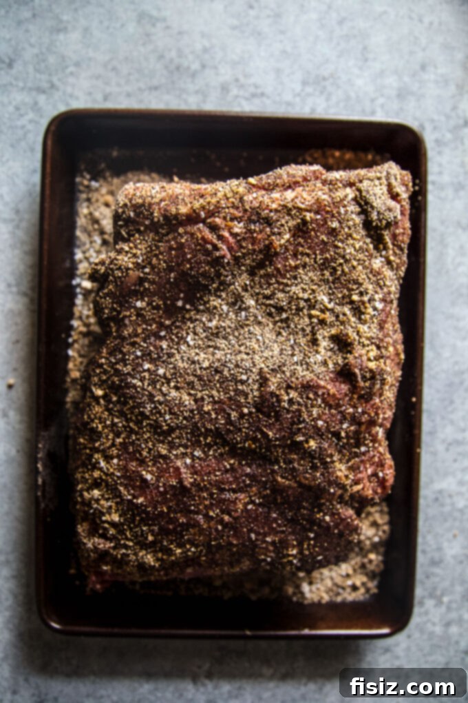 Slow-Roasted Coffee-Rubbed Pork Shoulder 6 Pork shoulder coated in coffee rub, ready for searing.