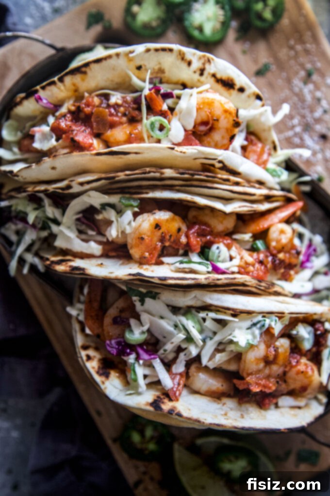 Smoky Shrimp Tacos with Refreshing Citrus Slaw 8 Overhead view of Smoky Shrimp Tacos on a platter