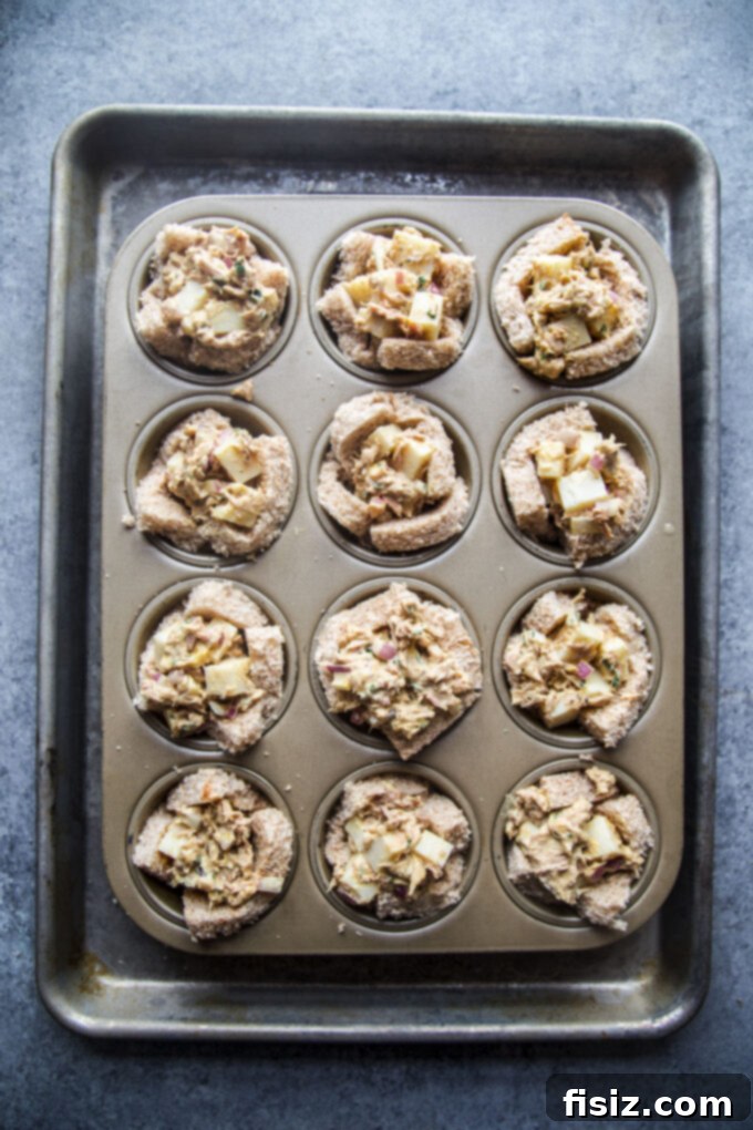 Turmeric Tuna Melts in Muffin Tins 7 Assembling muffin pan tuna melts with cheesy filling