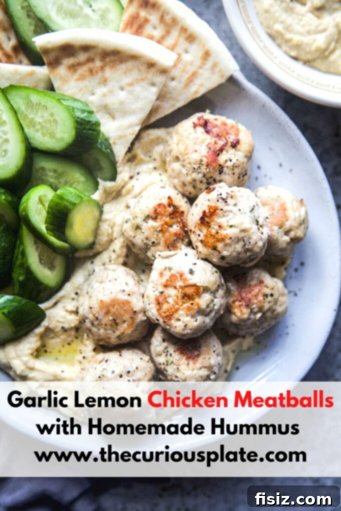 Zesty Lemon Garlic Chicken Meatballs with Creamy Hummus 12 A close-up of the final dish: Garlic Lemon Chicken Meatballs with Homemade Hummus, garnished and ready to eat.