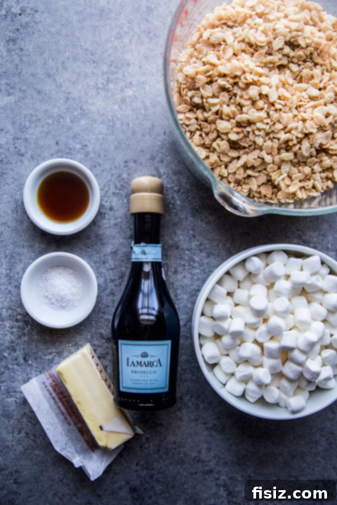 Sparkling Krispie Delights 4 Champagne Rice Krispie Treats - ingredient list laid out on a table