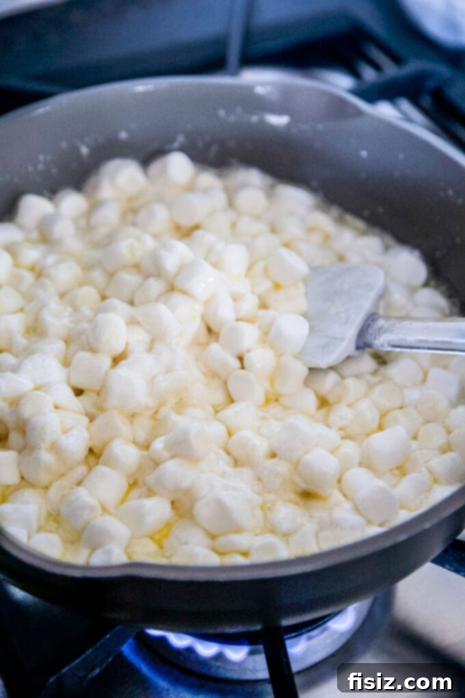 Sparkling Krispie Delights 6 Champagne Rice Krispie Treats - marshmallows melting in a skillet with butter and champagne