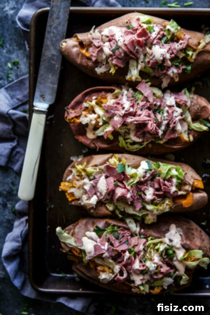 29+ Easy St. Patricks Day Recipes for a Fun Celebration 2 Delicious Corned Beef Stuffed Sweet Potatoes, a hearty St. Patrick's Day dinner idea