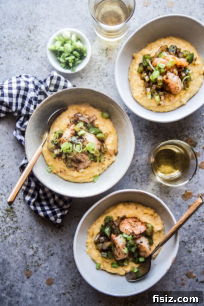 Bayou Spiced Shrimp with Creamy Polenta 8 Overhead shot of a full bowl of Creole Shrimp and Polenta, beautifully plated.