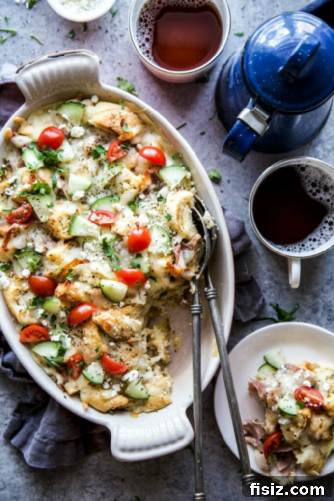 Greek Croissant Egg Casserole, a perfect April brunch recipe for gatherings