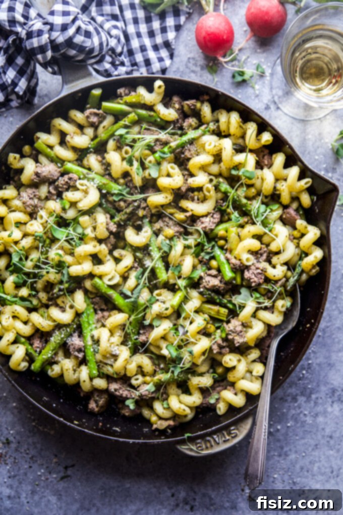 Tender Lamb Pasta with Vibrant Spring Pesto 9 Close-up of Spring Pesto Lamb Pasta in a white bowl
