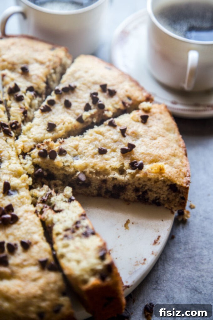 Quick Chocolate Chip Banana Cake 3 Close-up of a slice of easy chocolate chip banana cake with rich, moist texture
