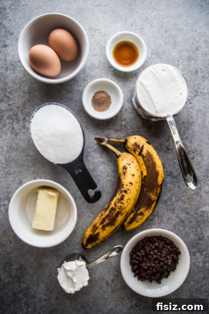 Quick Chocolate Chip Banana Cake 4 Collection of fresh ingredients for baking banana cake