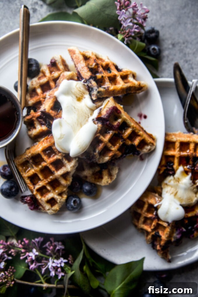 Protein-Packed Blueberry Cottage Waffles 9 Stack of protein-rich cottage cheese blueberry waffles