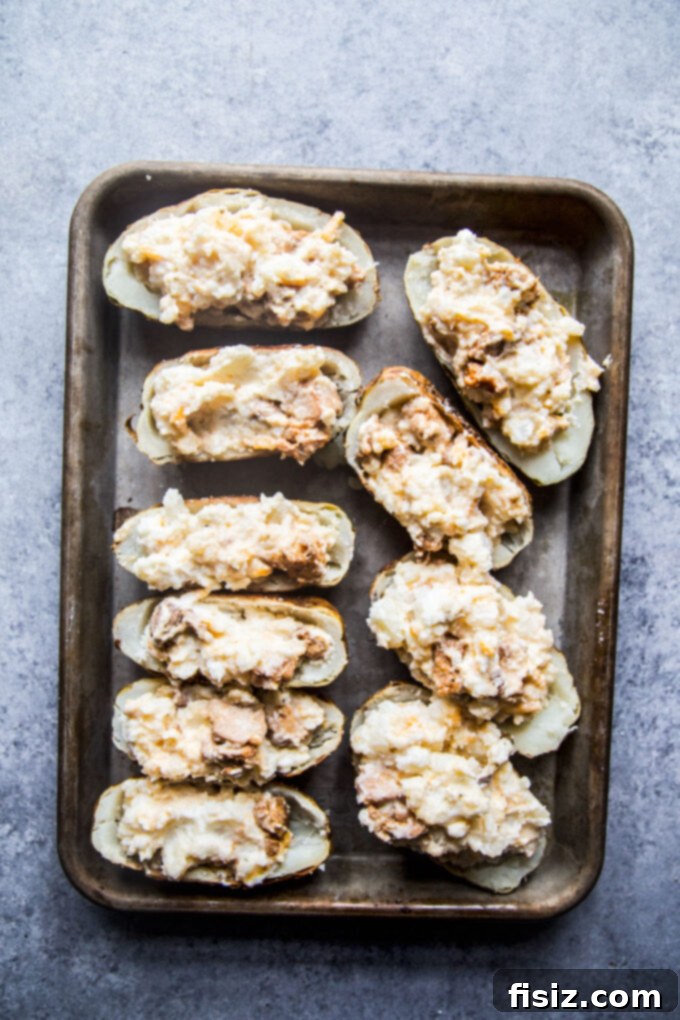 Twice-Baked Chicken Shawarma Potatoes 8 Close-up of stuffed potato skins before the final bake