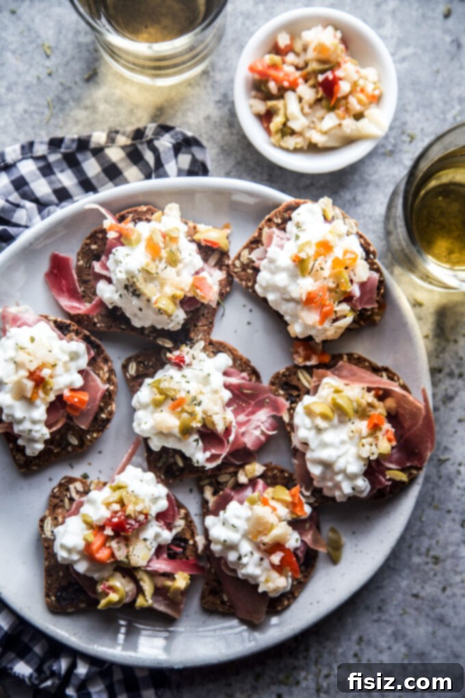 Prosciutto and Giardiniera Cottage Cheese Cracker Bites 2 Gourmet Cottage Cheese Cracker Bites with Prosciutto & Giardiniera